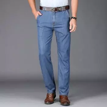 Качественные облегающие деловые брюки для мужчин, мягкие свободные прямые джинсы из ледяного шелка для мужчин, с высокой талией для мужчин 28 темно-синий