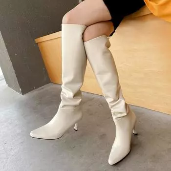 Качественные сапоги из натуральной кожи, женские кожаные длинные сапоги INS, женские зимние лаконичные туфли с острым носком на каблуке для вечеринок 34