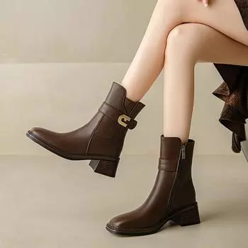 Качественные женские панк-сапожки ручной работы, осень-зима, квадратный носок, короткие ботильоны с металлическими украшениями сбоку и средним каблуком 6