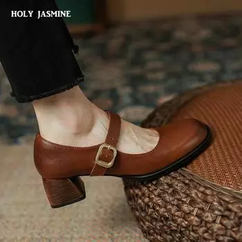 Качественные женские туфли-лодочки из натуральной кожи 2024 года, весна-лето, ретро-стиль, лаконичные туфли на толстом каблуке с пряжкой, женские повседневные туфли Мэри Джейн 34 чёрный
