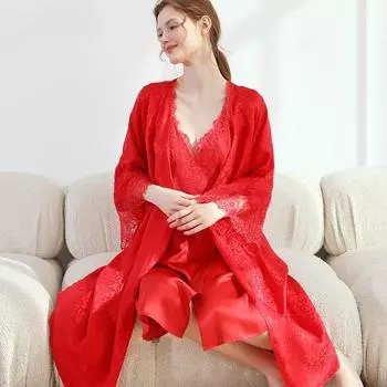 Качественный кружевной комплект из чистого шелка и сексуальная ночная рубашка из 2 предметов, роскошный атласный ночной халат, ночная рубашка, одежда для сна, халаты из натурального шелка для женщин M красный