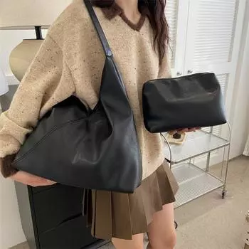 Качественный набор сумок через плечо для женщин из мягкой искусственной кожи, большая вместительная сумка для покупок, зимние новые дизайнерские роскошные сумки 40x39x14cm чёрный