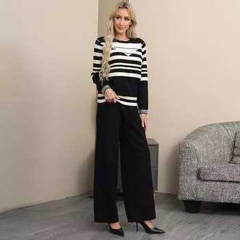 Качественный новый полосатый свитер с длинным рукавом и широкими штанами для поездок на работу, трикотажный комплект из двух предметов one size fits all чёрный
