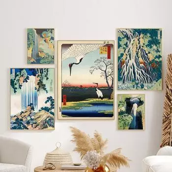 Кацусика Хокусай водопад холст картина Vinatge японский художественный постер абстрактный зеленый пейзаж настенные панно Декор для кабинета 21cm30cm NoFrame