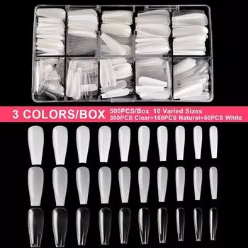 KADS 500 шт., накладные ногти «Балерина», 3 цвета/коробка, типсы в форме гроба, длинные, с полным покрытием, накладные ногти, маникюр, 10 размеров, прозрачные