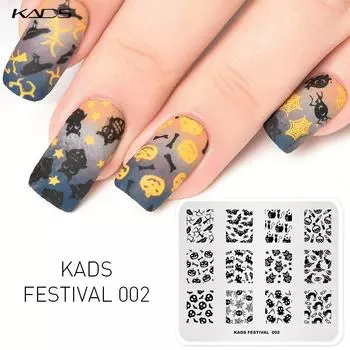 KADS Festival 002, штамп для дизайна ногтей на Хэллоуин, шаблон с изображением кота, паука и тыквы, штамп для ногтей