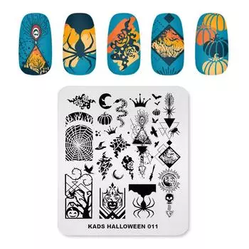 KADS пластины для штамповки ногтей Хэллоуин 011 шаблон прямоугольник паук тыква дизайн ногтей печать маникюрные инструменты
