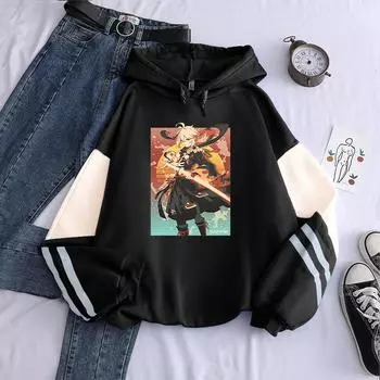 Kaedehara Kazuha Genshin Impact Манга толстовки с принтом для мужчин и женщин модная готическая уличная толстовка с капюшоном толстые удобные теплые толстовки S чёрный