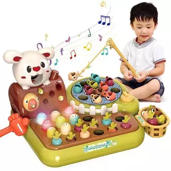 KaeKid Многофункциональная игрушка Монтессори для малышей Звуковая и световая игрушка Рыболовная ферма Вытягивание морковки Магнитная ловля насекомых Развивающая игра для раннего развития слуха на кончиках пальцев