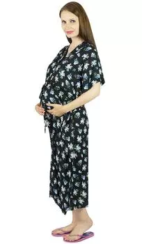 Кафтан для беременных Bimba с цветочным принтом, ночная рубашка для кормления | Кнопки спереди - Baby Shower Size: 0-10 | Length - 42-inches чёрный
