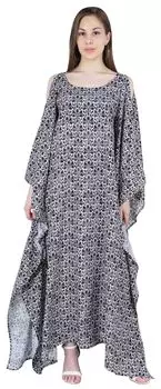 Кафтан из искусственного шелка с вырезом лодочкой из мумийи, макси с принтом и открытыми плечами L чёрный