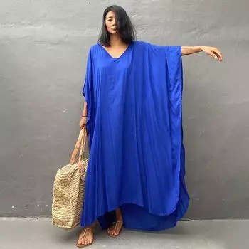 Кафтан пляжное длинное платье женский плюс размер однотонный хлопковый купальник с рукавами «летучая мышь» 2022 накидка на купальный костюм One Size чёрный