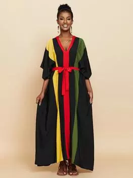 Кафтаны для женщин, пляжные платья макси в радужную полоску, купальники, накидки, тренд 2025 года, индийские народные купальные костюмы с поясом One Size чёрный