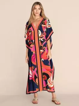 Кафтаны с принтом для женщин, пляжная накидка, приморские макси-платья в богемном стиле, пляжная одежда, купальные костюмы парео One Size
