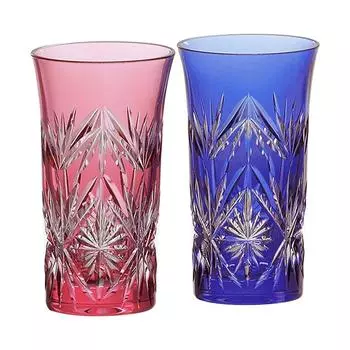 Kagami Crystal Pair Single Bite Beer Glass Red Blue 120 cc Edo Kiriko Bamboo Leaf with Star Pattern #2824