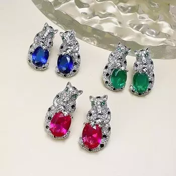 Kajia Fashion Красочные драгоценные леопардовые серьги с высоким содержанием углерода и бриллиантами Светлые роскошные маленькие люди Высокочувствительные бабушкины зеленые голубиные кроваво-красные серьги зелёный