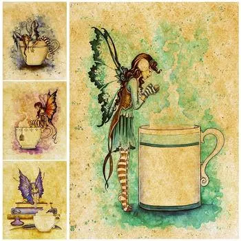 Какао, кофе и фея, винтажная настенная живопись на холсте, послеобеденный чай и дух, художественный постер и принт для украшения гостиной, без рамки 21*30cm