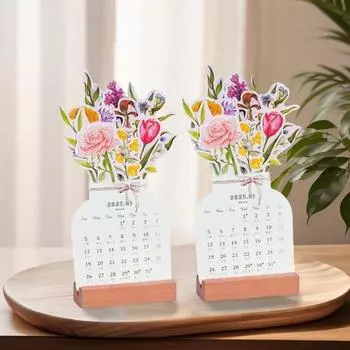 Календарь 2025 Bloomy Flower с деревянной основой, уникальная форма вазы, бумажный материал, настольный календарь-закладка 1