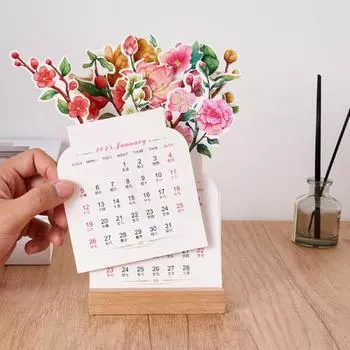 Календарь 2025 года «Цветущие цветы» Настольный календарь с цветочным рисунком и деревянной основой, съемный B