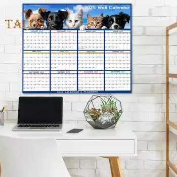 Календарь 2025 года стираемый, большой, стираемый влажным и сухим способом, ламинированный, 12-месячный, ежегодный, настенный, вертикальный/горизонтальный, настенный календарь синий