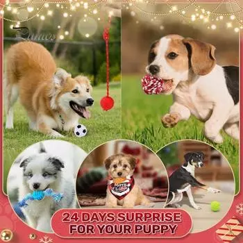 Календарь Адвента для собак 2025 Игрушки для собак Рождественские аксессуары с жевательными веревками Пищащие шарики Игрушки для прорезывания зубов Ошейники-бабочки для собак Бандана 24 шт. Набор 1 Set