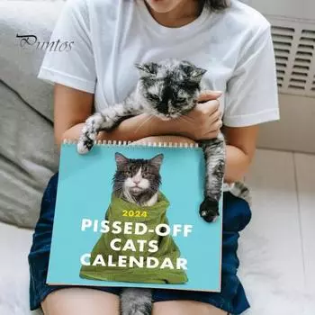 Календарь Angry Cat на 2024 год, забавный настенный художественный календарь, полностраничный календарь с месяцами, плотная прочная бумага, ежедневный органайзер, ежемесячный календарь с котами Cat