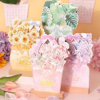 Календарь Bloomy Flower Calendar 2025 Маленький цветочный настольный календарь Blooming Bouquet Ежемесячный планировщик с деревянной основой для домашнего декора офиса розовый