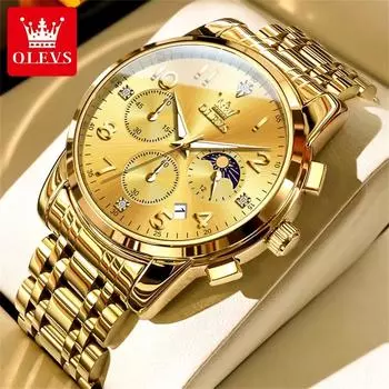 Календарь фаз Луны Водонепроницаемые мужские часы из цельной нержавеющей стали Оригинальные часы с арабскими цифрами Шкала кварцевые наручные часы золотой/чёрный