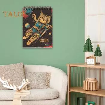 Календарь космических кошек на 2025 год. Планировщик на 12 месяцев. Иллюстрации космических кошек. Настенный календарь для любителей кошек. A