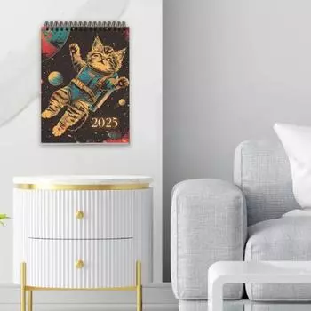 Календарь космических кошек на 2025 год. Планировщик на 12 месяцев. Иллюстрации космических кошек. Настенный календарь для любителей кошек. A