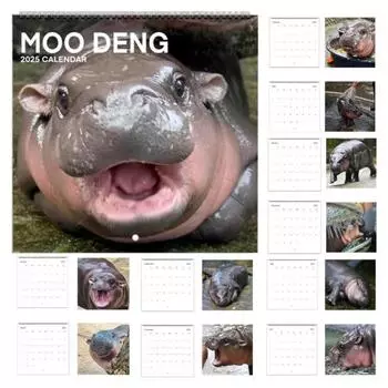 Календарь Moo Deng Hippo 2025, 12-месячный настенный календарь с изображением карликового бегемота, подвесной ежемесячный календарь для планирования, организации, планирования