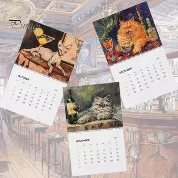 Календарь на стену с кошками 2025 года, ежемесячный календарь с пьяными кошками, стиль масляной живописи, забавные иллюстрации кошек, календарь в подарок любителям кошек Cat