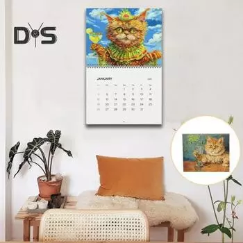 Календарь на стену с кошками 2025 года, ежемесячный календарь с пьяными кошками, стиль масляной живописи, забавные иллюстрации кошек, календарь в подарок любителям кошек Cat