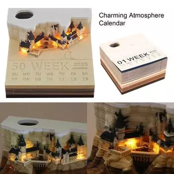 Календарь на стол 2025 года «Замок» со светодиодной подсветкой, сенсорным выключателем, блокнотом для заметок, резьбой по бумаге, акриловой основой, блокнотом для заметок своими руками 1pc