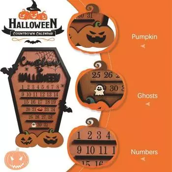 Календарь обратного отсчета до Хэллоуина Деревянный календарь обратного отсчета в виде тыквы-призрака Многоразовые украшения ужасов на Хэллоуин для украшения домашней вечеринки A