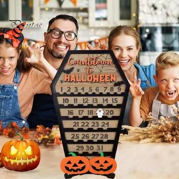 Календарь обратного отсчета до Хэллоуина с подвижным жетоном-призраком на 31 день, адвент-календарь из дерева для Хэллоуина, декор для домашнего стола A