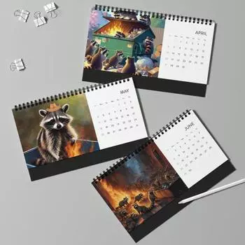 Календарь с енотом на 2025 год. Иллюстрации енотов на 12 месяцев. Календарь с переплетом на спирали. Еноты в мусорном контейнере. Календарь с пламенем. Подарок для друзей, коллег. B