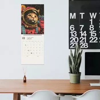 Календарь Yousheng 2025 Space Cats, 12-месячный планировщик, иллюстрации космических кошек, настенный календарь для любителей кошек A