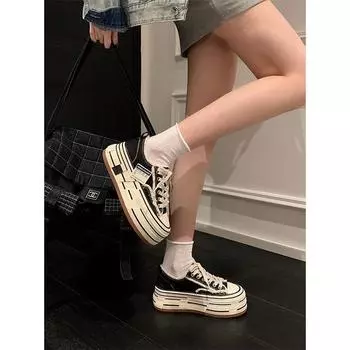 Калифорнийский колледж повседневный стиль грубой кромки нищенские туфли женские 2025 новые парусиновые туфли на толстой подошве с завышенной круглой головкой на шнуровке 35