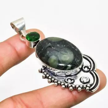 Камбаба Джаспер, драгоценный камень диопсид 925 пробы, посеребренный ювелирный кулон 2,46 дюйма 2.46 зелёный