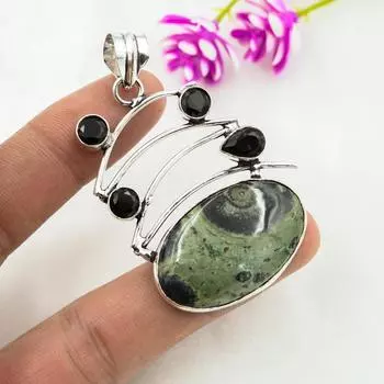 Камбаба Джаспер, кулон из черной шпинели, кулон из цельного серебра 925 пробы, ювелирные изделия ручной работы с драгоценными камнями, подарки для жены, абсолютно новый кулон 2.48 Inches зелёный