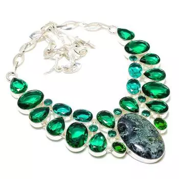 Kambaba Jasper, Diopside Gemstone 925 Sterling Silver Jewelry Necklace 18 k7V23 зелёный