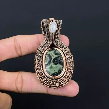 Камбаба или Звездная Галактика и Лунный Камень Драгоценный Камень Ручной Работы Чистая Медная Проволока Обмотка Ювелирное Изделие Подвеска На День Благодарения 2.56 Inches зелёный