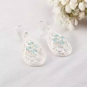 Камень Голубой Топаз Серебро 925 пробы Ручная работа Стильные Серьги-крючки 2,25 CE-17-12