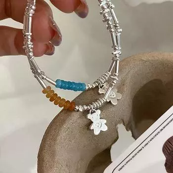 Камень из бисера Металлический браслет Медведь Маленький дизайн Лучший друг Подарок Ювелирные изделия Серебряный браслет 12.5-16cm синий