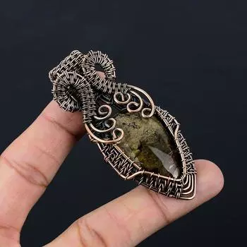 Камень-кальций, драгоценный камень, чистая медная проволока, обернутая подвеской ручной работы, ювелирные изделия 2.99 Inches зелёный