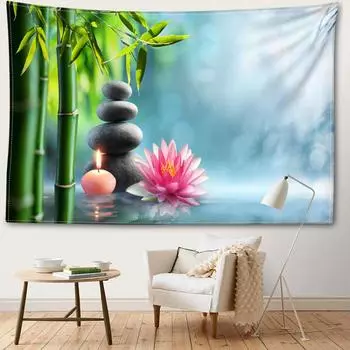 Камень лотоса и бамбуковый лесной гобелен настенный богемный природный пейзаж минималистский художественный домашний декор для гостиной, спальни 95x73CM