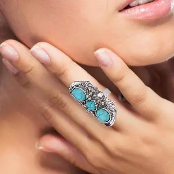 Каменные кольца в богемном стиле, регулируемый зеленый камень, резной цветок, овальное отверстие