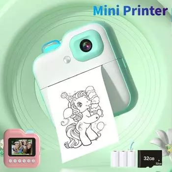 Камера мгновенной печати для детей, беспроводная цифровая камера, Bluetooth-камера, бесчернильная печать фотографий, подарки для детей Blue with 32G tf*