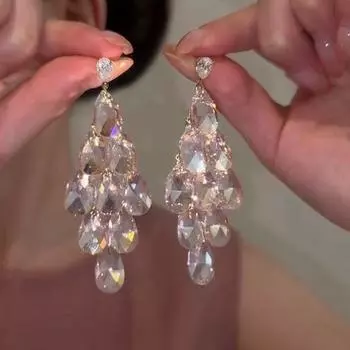 Kami Y Dream White Crystal Long Fringe Earrings Female Light Luxury Temperament Fancy Fashion Face Slimming Ear Rings White Crystal Long tassel earrings